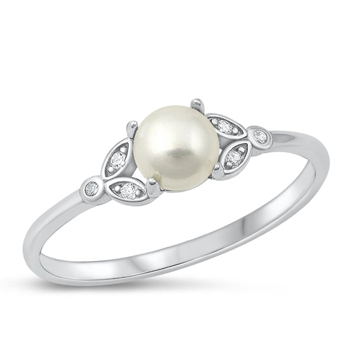 Sterling Silver Rhodium Plated Clear CZ And Pearl Round Ring