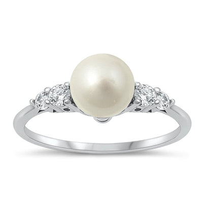 Sterling Silver Rhodium Plated Clear CZ and Freshwater Pearl Ring-7.9mm