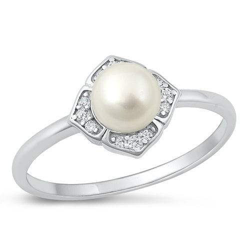 Sterling Silver Rhodium Plated Clear CZ and Pearl Ring-9.9mm