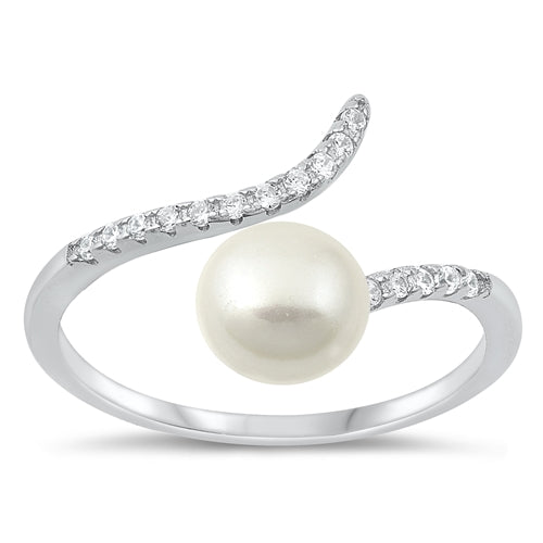 Sterling Silver Rhodium Plated Clear CZ and Freshwater Pearl Ring-12.3mm