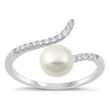 Load image into Gallery viewer, Sterling Silver Rhodium Plated Clear CZ and Freshwater Pearl Ring-12.3mm