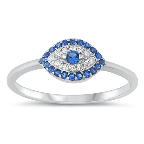 Sterling Silver Rhodium Plated Eye With Blue And Clear CZ Ring