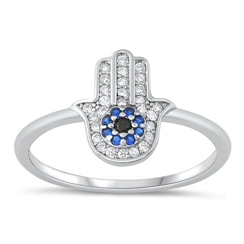 Sterling Silver Rhodium Plated Hamsa With Blue And Clear CZ Ring