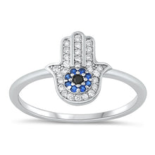 Load image into Gallery viewer, Sterling Silver Rhodium Plated Hamsa With Blue And Clear CZ Ring