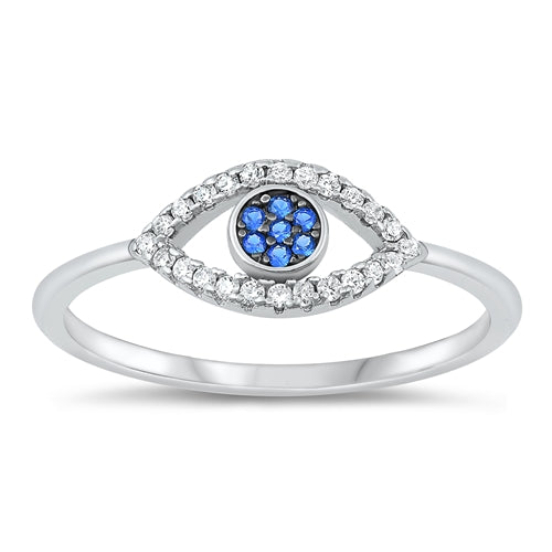 Sterling Silver Rhodium Plated Clear And Blue CZ Evil Eye Ring