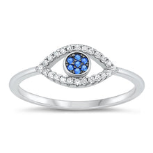 Load image into Gallery viewer, Sterling Silver Rhodium Plated Clear And Blue CZ Evil Eye Ring