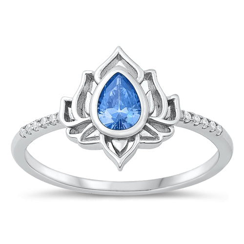 Sterling Silver Rhodium Plated Lotus Blue Topaz Ring