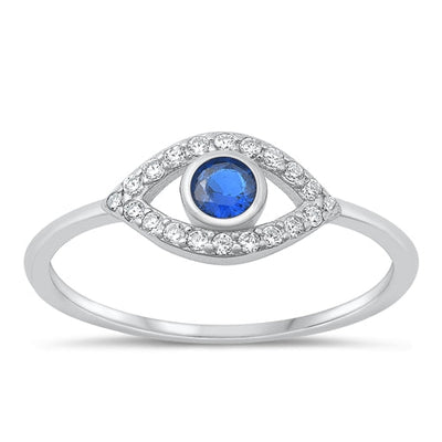 Sterling Silver Rhodium Plated Blue Sapphire And Clear CZ Eye Ring