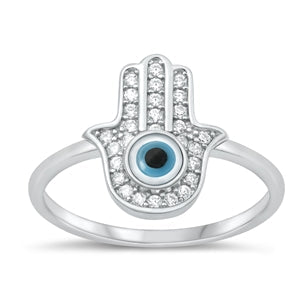 Sterling Silver Rhodium Plated Clear CZ and Mother of Pearl Eye Ring