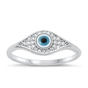 Sterling Silver Rhodium Plated Clear CZ and Mother of Pearl Evil Eye Ring