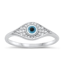 Load image into Gallery viewer, Sterling Silver Rhodium Plated Clear CZ and Mother of Pearl Evil Eye Ring