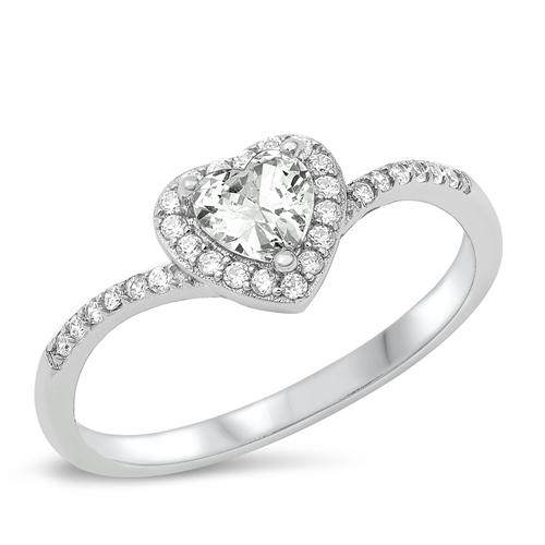 Sterling Silver Rhodium-Plated Heart Clear CZ Ring,Stone-6.5mm