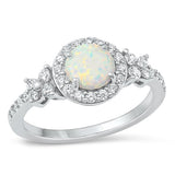 Sterling Silver Rhodium Plated Round White Lab Opal And Clear CZ Ring