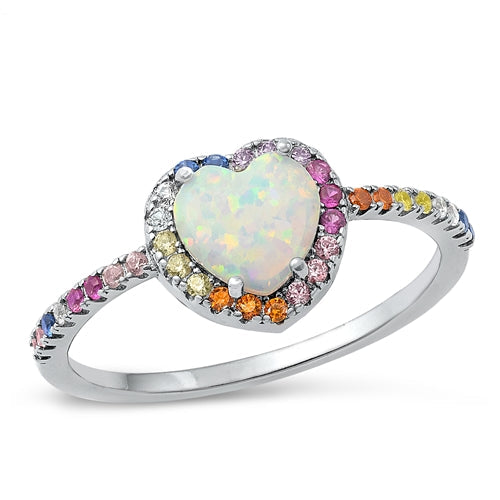 Sterling Silver Rhodium Plated Heart White Lab Opal And Multi Colored CZ Ring