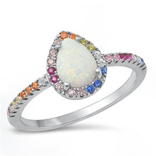 Load image into Gallery viewer, Sterling Silver Rhodium Plated Tear Drop White Lab Opal And Multi Colored CZ Ring