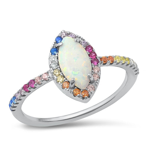 Sterling Silver Rhodium Plated Pear White Lab Opal And Multi Colored CZ Ring