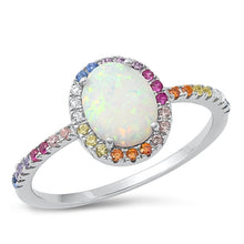 Load image into Gallery viewer, Sterling Silver Rhodium Plated Oval White Lab Opal And Multi Colored CZ Ring