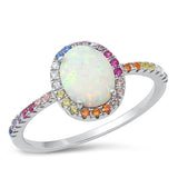 Sterling Silver Rhodium Plated Oval White Lab Opal And Multi Colored CZ Ring