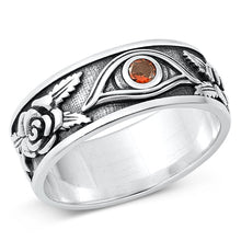 Load image into Gallery viewer, Sterling Silver Oxidized Garnet CZ Eye and Rose Ring