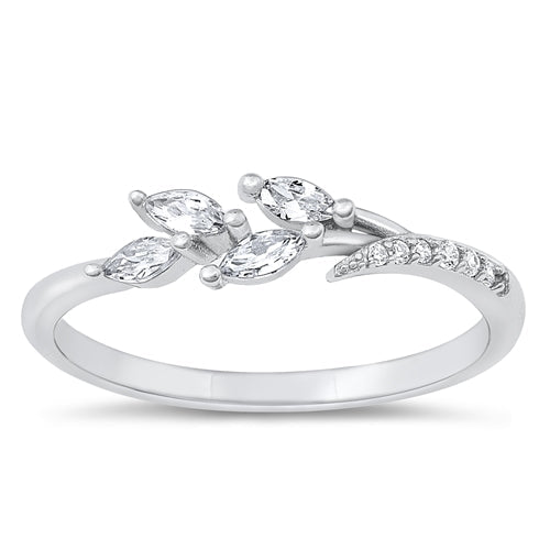 Sterling Silver Rhodium Plated Leaf Clear CZ Ring