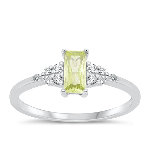 Sterling Silver Rhodium Plated Rectangle Peridot And Clear CZ Ring