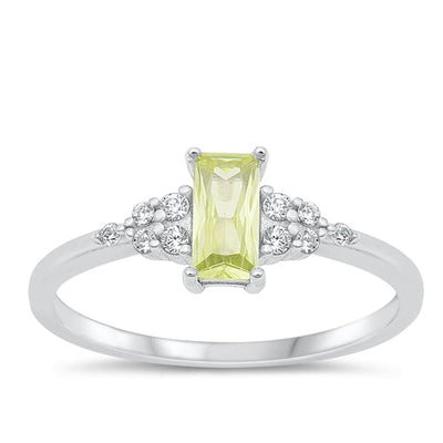 Sterling Silver Rhodium Plated Rectangle Peridot And Clear CZ Ring