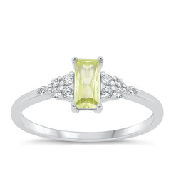Sterling Silver Rhodium Plated Rectangle Peridot And Clear CZ Ring