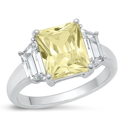 Sterling Silver Rhodium Plated Light Yellow CZ Rectangle Ring