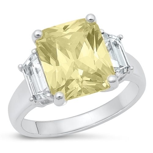 Sterling Silver Rhodium Plated Square Light Yellow CZ Ring
