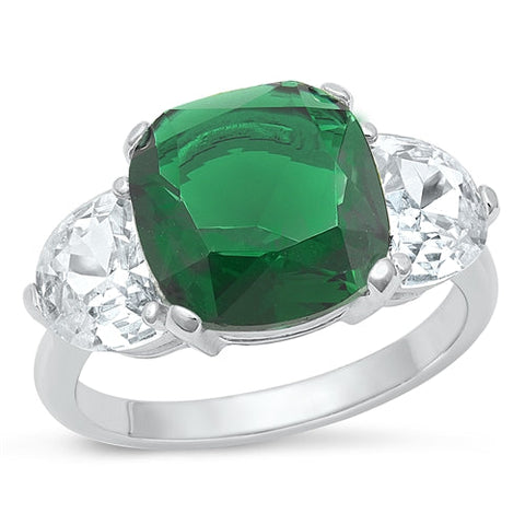 Sterling Silver Rhodium Plated Round Emerald CZ Ring