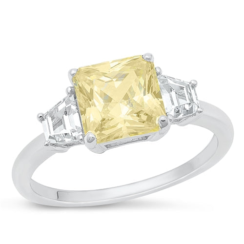 Sterling Silver Rhodium Plated Light Yellow And Clear CZ Square Ring