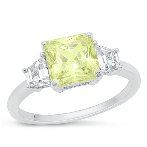 Sterling Silver Rhodium Plated Peridot And Clear CZ Square Ring