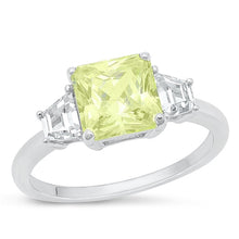Load image into Gallery viewer, Sterling Silver Rhodium Plated Peridot And Clear CZ Square Ring