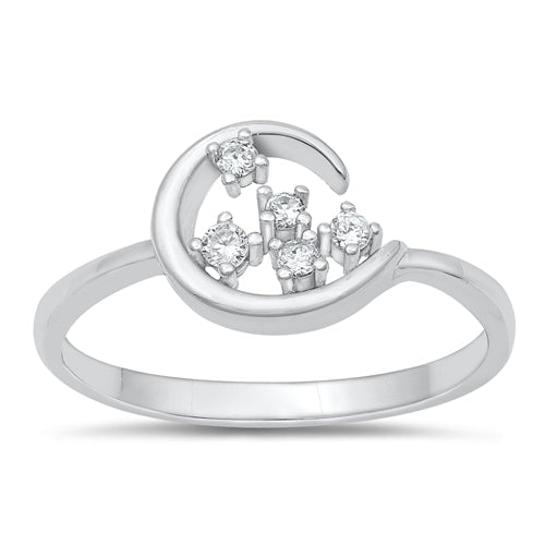 Sterling Silver Rhodium Plated Moon Clear CZ Ring