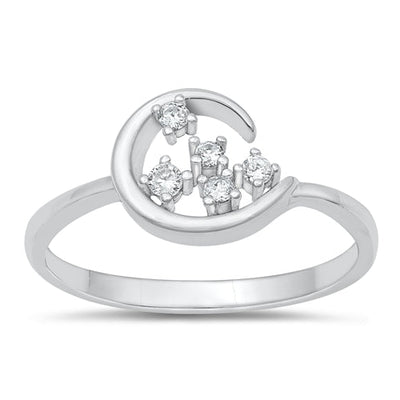 Sterling Silver Rhodium Plated Moon Clear CZ Ring