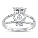 Sterling Silver Rhodium Plated Owl Clear CZ Ring