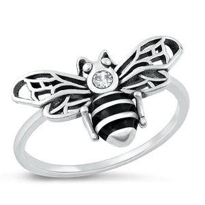 Sterling Silver Oxidized Bee Clear CZ Ring