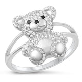 Sterling Silver Rhodium Plated Teddy Bear Clear CZ Ring Face Height-17.5mm