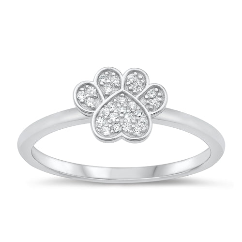Sterling Silver Rhodium Plated Paw Print Clear CZ Ring Face Height-8mm