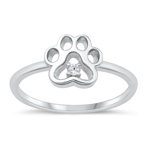 Sterling Silver Rhodium Plated Paw Print Clear CZ Ring Face Height-9.3mm