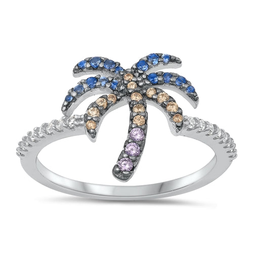 Sterling Silver Rhodium Plated Palm Tree Multi Colored CZ Ring Face Height-13.3mm
