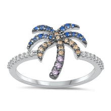 Load image into Gallery viewer, Sterling Silver Rhodium Plated Palm Tree Multi Colored CZ Ring Face Height-13.3mm