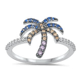 Sterling Silver Rhodium Plated Palm Tree Multi Colored CZ Ring Face Height-13.3mm