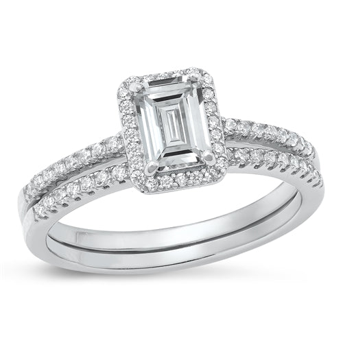 Sterling Silver Rhodium Plated Wedding Set Clear CZ Ring Face Height-8.8mm, Band Width-1.4mm