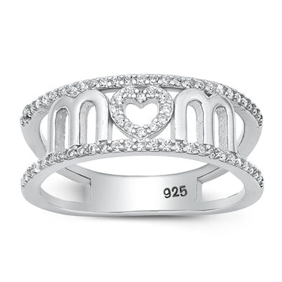 Sterling Silver Rhodium Plated Mom Clear CZ Ring Face Height-7.8mm