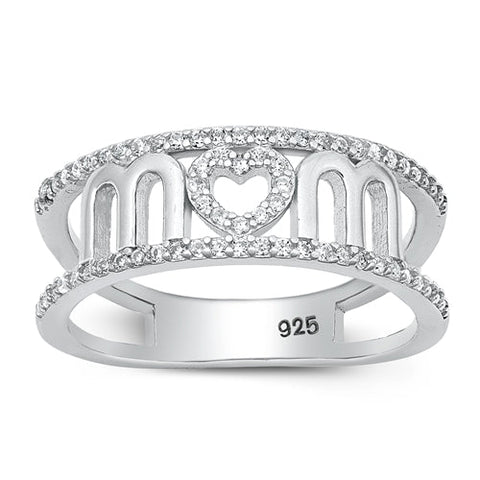 Sterling Silver Rhodium Plated Mom Clear CZ Ring Face Height-7.8mm