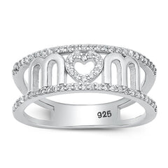Sterling Silver Rhodium Plated Mom Clear CZ Ring Face Height-7.8mm