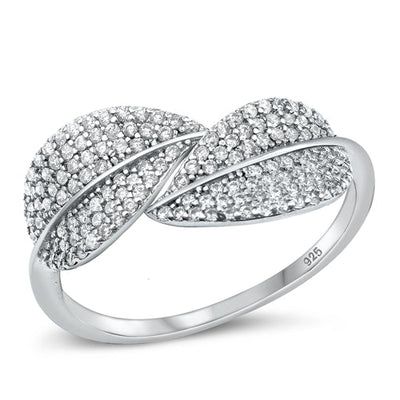 Sterling Silver Rhodium Plated Leaves Clear CZ Ring Face Height-10mm