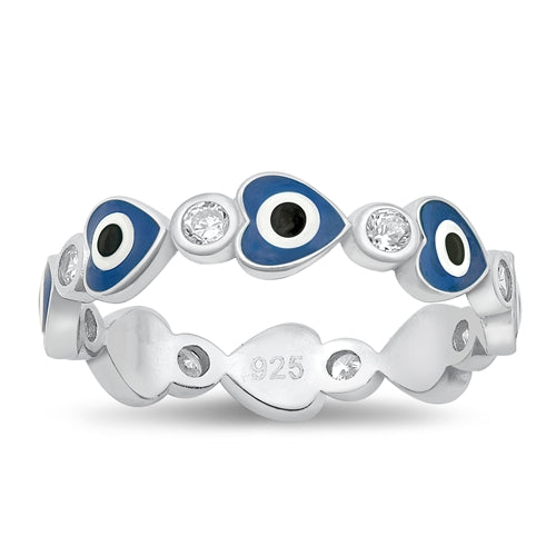 Sterling Silver Rhodium Plated Heart Evil Eye Clear CZ Ring Face Height-5mm