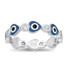 Load image into Gallery viewer, Sterling Silver Rhodium Plated Heart Evil Eye Clear CZ Ring Face Height-5mm